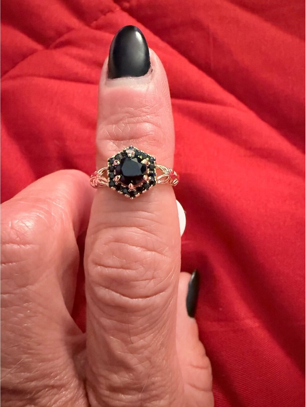 Fragrant Jewels Black Hexagon Halo Ring Rose Gold Tone Size 5